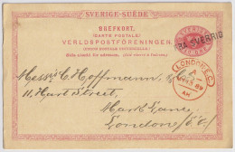 SUÈDE / SWEDEN - 1889 "FRA SVERRIG" Straight Line Cancel (Danish) On Postal Card Mi.P20A From Gothenburg To London - Interi Postali