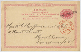 SUÈDE / SWEDEN - 1889 "FRA SVERRIG" Straight Line Cancel (Danish) On Postal Card Mi.P20A From Gothenburg To London - Ganzsachen