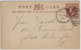 GB -1892 - 1/2d Postal Card (thick) Mi.P7b Used "PECKHAM S.O. /S.E." Duplex (London Suburban Off. 67) To Stoke Newington - Material Postal