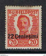 VENETO -  OCCUPAZIONE  AUSTRIACA:  1918  SOPRAST. NON  EMESSO  -  22 C/20 H. ROSSO  T.L. -  SASS. 25 - Oostenrijkse Bezetting