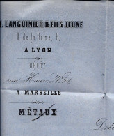1859  ENTETE Th. LANGUINIER à Lyon Et Marseille Métaux  FER CUIVRE PLOMB ETC Pour Feraud March. De Fer à Cotignac Var - 1800 – 1899