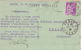 CP "Etablissements Royer" Obl. Nancy Porte St Nicolas Le 16/7/36 (tarif 21/4/30) Sur N° 281 40c Paix - 1932-39 Paix