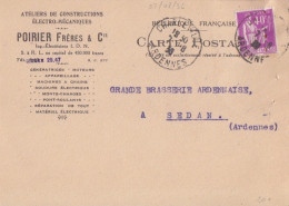 CP Commerciale "Poirier" Obl. Charleville Le 7/8/36 (tarif 21/4/30) Sur N° 281 40c Paix - 1932-39 Paix