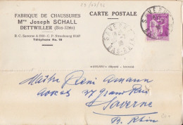 CP Commerciale "Chaussures Schall" Obl. Saverne Le 29/7/36 (tarif 21/4/30) Sur N° 281 40c Paix - 1932-39 Paix