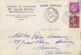 CP Commerciale "Chaussures Schall" Obl. Saverne Le 16/7/37 (tarif 17/7/37) Sur N° 281 40c Paix + 15c Semeuse - 1932-39 Paix