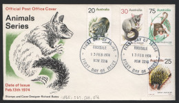 1974 Animals Wombat, Anteater, Possum, Glider   On Official  Unaddressed  FDC - Ersttagsbelege (FDC)