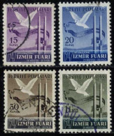 Türkiye 1947 M 1186-1189 Izmir International Fair | Dove And Flag Decorated Banderol, Flagpoles, City View From Izmir - Used Stamps