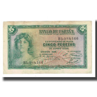 Billet, Espagne, 5 Pesetas, 1935, KM:85a, TTB - 5 Pesetas