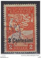 VENETO - OCCUPAZIONE  AUSTRIACA:  1918  EX. SOPRASTAMPATO  -  3 C/2 H. ROSSO  US. -  SASS. 1 - Ocupación Austriaca