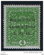 VENEZIA  GIULIA - OCCUPAZ. AUSTRIACA:  1918   SOPRASTAMPATO  -  4 K. VERDE  SCURO  L. -  SIGLA  LUNGHI  -  SASS. 17 - Vénétie Julienne