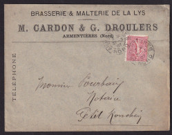 DDDD 926 -- BRASSERIES FRANCE - Enveloppe TP Semeuse ARMENTIERES (Nord) 1907 - Brasserie De La Lys CARDON-DROULERS - Bières