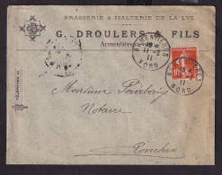 DDDD 927 -- BRASSERIES FRANCE - Enveloppe TP Semeuse ARMENTIERES (Nord) 1911 - Brasserie De La Lys DROULERS § Fils - Bier