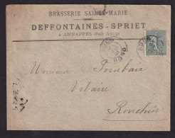 DDDD 928 -- BRASSERIES FRANCE - Enveloppe TP Semeuse ANNAPPES Par ASCQ (Nord) 1908 - Brasserie Sainte-Marie DEFFONTAINES - Bières