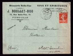 DDDD 932 -- BRASSERIES FRANCE - Enveloppe TP  Semeuse FIVES-LILLE (Nord) 1911 - Brasserie BELLE-VUE, BOUILLET-BIGO - Bier