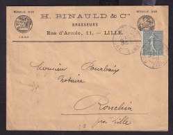 DDDD 937 -- BRASSERIES FRANCE - Enveloppe TP Semeuse LILLE (Nord) 1905 - Brasserie H. BINAULD § Cie - Bières