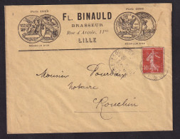 DDDD 938 -- BRASSERIES FRANCE - Enveloppe TP Semeuse LILLE (Nord) 1907 - Brasserie FL. BINAULD - Biere