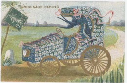 Cpa Fantaisie " Témoignage D'Amitié ", Automobile Fleuri  ( Gaufrée, Dorée ) - Altri & Non Classificati