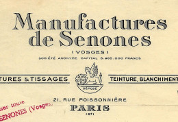 1942 LA Famille Du Baron Seillières C.N.P.F. PATRONAT TISSAGE  FILATURE TEINTURE ENTETE MANUFACTURES DE SENONES Vosges - 1900 – 1949