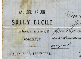 1872 ENTETE SULLY BUCHE TRANSPORT NAVIGATION  AFFRETEMENT Bordeaux Pour Curcier Adet Négociants Bordeaux V.SCANS - 1800 – 1899