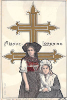 Alsace Lorraine - Croix Lorraine Et Femmes En Tenue Folklorique Se Tienne Par Le Cou - Carte Postale Ancienne - Trachten