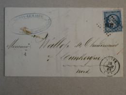 BP17 FRANCE BELLE LETTRE 1862 GUISE A DUNKERQUE  +AMBULANT VERSO ++ NAP.  N°22 +AFFRANC.INTERESSANT - 1862 Napoléon III.