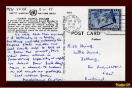 1955 United Nations NU ONU Security Council Chamber Postcard New York Posted To England 2scans - Andere & Zonder Classificatie