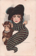 Illustrateur - Nanni - Portrait De Femme Avec Echarpe Rayée Et Singe - Carte Postale Ancienne - Nanni