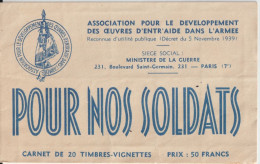 1950 ENV. - CARNET De 20 VIGNETTES "POUR NOS SOLDATS" - COLLEES à L'INTERIEUR - Bmoques & Cuadernillos