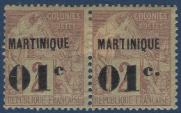 France Colonies MARTINIQUE Paire N°7c* 01c Sur 2c Lilas Brun Variété Sans Point Après Le C Tenant à Normal TTB - Neufs