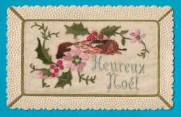 Carte Ancienne Brodée Heureux Noel  Houx - Embroidered