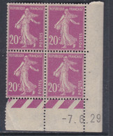 France N° 190 XX  Semeuse : 20 C. Lilas-rose  En Bloc De 4 Coin Daté Du 7 . 6 . 29  Sans Point Blanc, Sans Charnière, TB - ....-1929