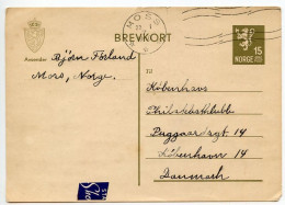 Norway 1940 15o. Lion Rampant Postal Card; Moss To Copenhagen, Denmark - Postwaardestukken