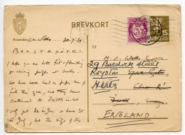 Norway 1939 Uprated 15o. Lion Rampant Postal Card; Bolstadøyri To East Ewell And Royston, England - Entiers Postaux