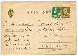 Norway 1950 Uprated 15o. Lion Rampant Postal Card; Bolstadøyri To East Ewell, Surrey, England - Postal Stationery