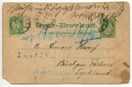 Norway 1894 Uprated 5o. Post Horn Postal Card; Levanger To Germany; Swedish TPO Postmark - P.K.X.P. - Postwaardestukken