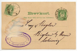 Norway 1894 Uprated 5o. Post Horn Postal Card; Kristiania To Biglen, Switzerland - Entiers Postaux