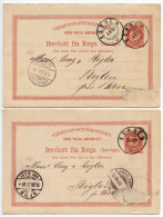 Norway 1887 Two 10o. Post Horn Postal Cards; Bergen To Biglen, Switzerland; Swiss Ambulant Postmarks - Postwaardestukken