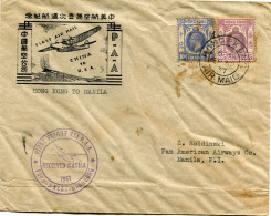 HONG KONG LETTRE " FIRST AIR MAIL CHINA TO U.S.A. " DEPART HONG KONG 28 AP 37 POUR LES PHILIPPINES - Briefe U. Dokumente