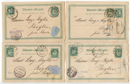 Norway 1880's 9 Uprated 5o. Post Horn Postal Cards; Bergen To Biglen, Switzerland; Ambulant Postmarks - Interi Postali
