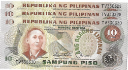 PHILIPPINES 1978  10 Piso  #161b  MABINI  Sign.Laya  .Lot De 3 Billets à Suivre NEUFS - Philippines