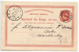 Norway 1890 10o. Post Horn Postal Card; Christiana To Aalen, Württemberg - Postal Stationery