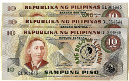 PHILIPPINES   10 Piso  ABL #167a  Surcharge De MARCOS Col  Large  . Lot De 3 Billets NEUFS - Philippines