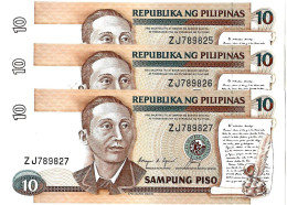 PHILIPPINES   10 Piso   #169c  ,Lettre Manuscrite,  Aquino & Cuisia  Lot De 3 Billets Série NEUFS - Philippines