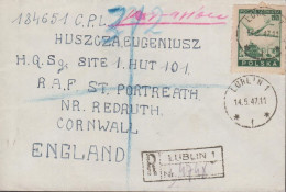 1947. POLSKA. 25 Zl. Douglas DC 3 LOTNICZA On Small Registered Controled Cover To England Can... (Michel 432) - JF438553 - Government In Exile In London