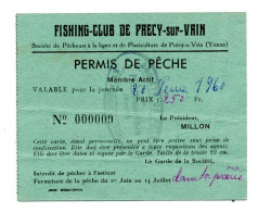 Matériel De Pêche / Collection Thème Pêche / Ancienne Carte De Pêche à La Journée / Précy Sur Vrin (89) / 1960 - Pesca