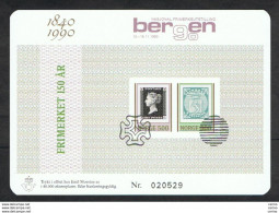 NORWAY: 1990 "BERGEN '90 CARDBOARD No. 20529 - REPRODUCTION OF FIRST STAMPS 5 K. + 5 K. (1001 + 1002) - Probe- Und Nachdrucke