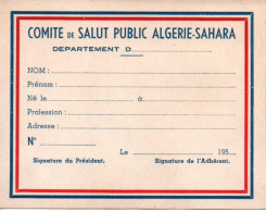 GUERRE ALGERIE COMITE SALUT PUBLIC SAHARA  CARTE DE MEMBRE - Documents