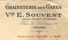 1936 ENTETE LA LACTALINE GRAINETERIE DES GARES Veuve E.SOUVENT TOURS Grains Graines Fourrages Pour Ragueneau Tours - 1900 – 1949