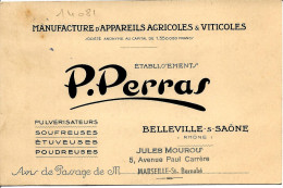 F.3879   AGRICULTURE CARTE COMMERCIALE MANUFACTURE APPAREILS AGRICOLES ET VITICOLES P. PERRAS Belleville S. Saone Rhone - 1900 – 1949