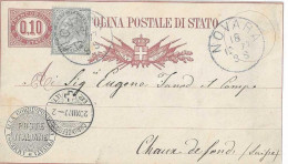 INTERO REGNO SERVIZIO DI STATO 10 CENT + 5 CENT 1877 NOVARA X CHAUX DE FONDE SVIZZERA - Interi Postali